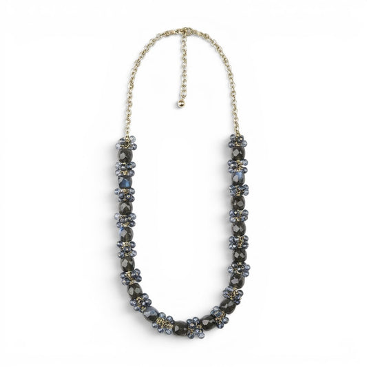 Trebor Style necklace featuring cubed labradorite and faceted London blue topaz clusters on gold-filled sterling silver.