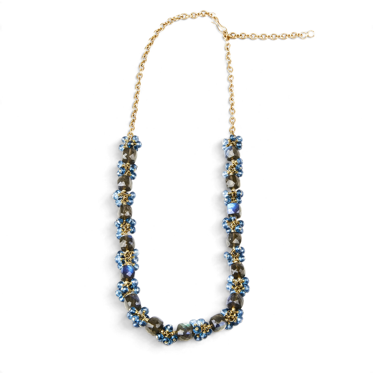 Trebor Style necklace with cubed labradorite and faceted London blue topaz clusters on a gold-filled silver chain.