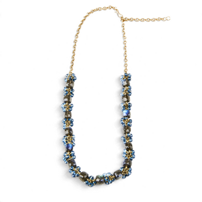 Trebor Style necklace with cubed labradorite and faceted London blue topaz clusters on a gold-filled silver chain.