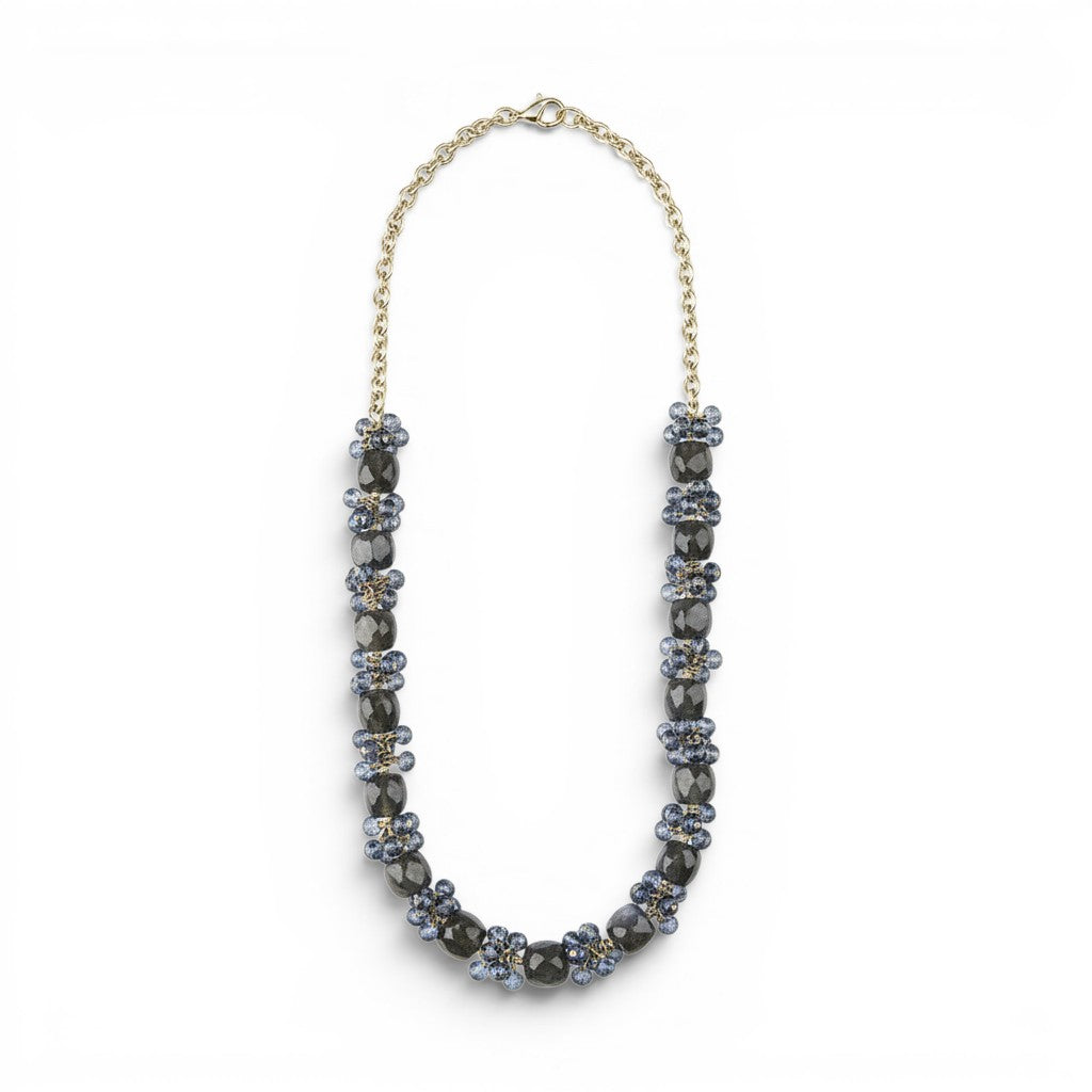 Trebor Style necklace featuring cubed labradorite and faceted London blue topaz clusters on a gold-filled silver chain.