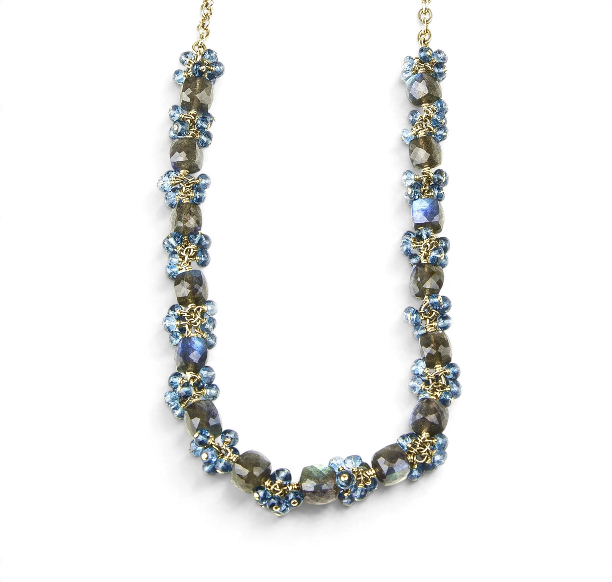 Trebor Style handcrafted necklace featuring cubed labradorite and faceted London blue topaz on gold-filled silver.