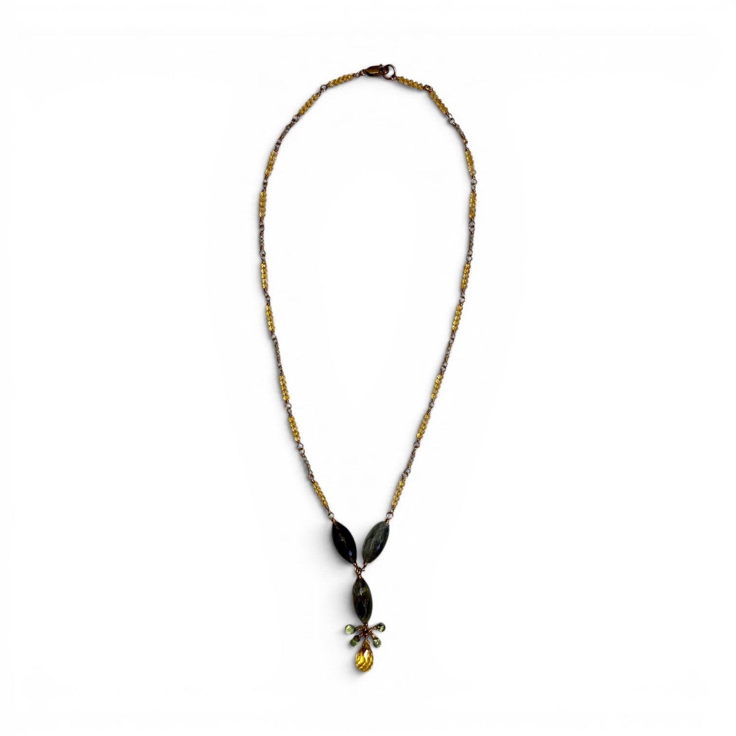 Trebor Style labradorite and citrine gemstone drop necklace on a gold-filled sterling silver chain with green sapphire.