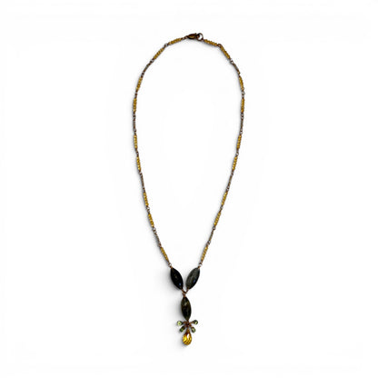 Trebor Style labradorite and citrine gemstone drop necklace on a gold-filled sterling silver chain with green sapphire.
