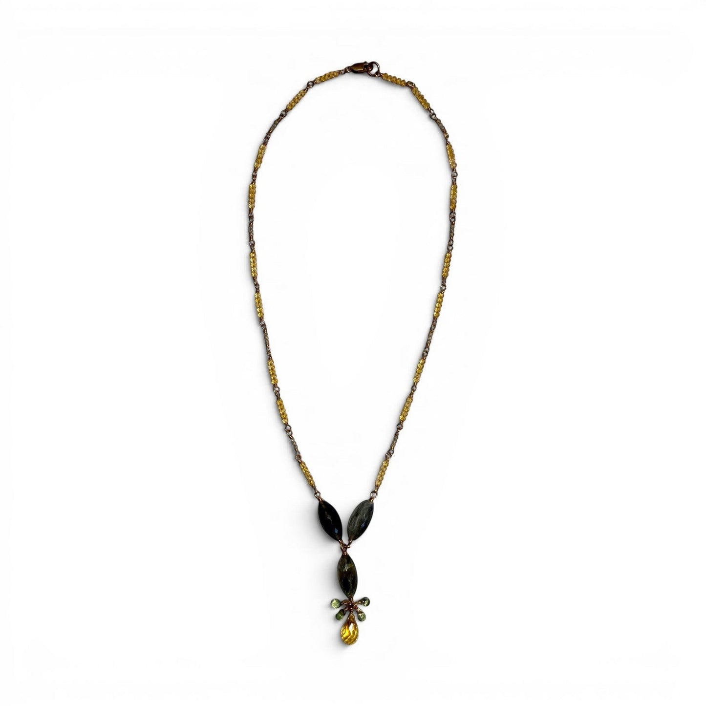Trebor Style labradorite and citrine gemstone drop necklace on a gold-filled sterling silver chain with green sapphire.