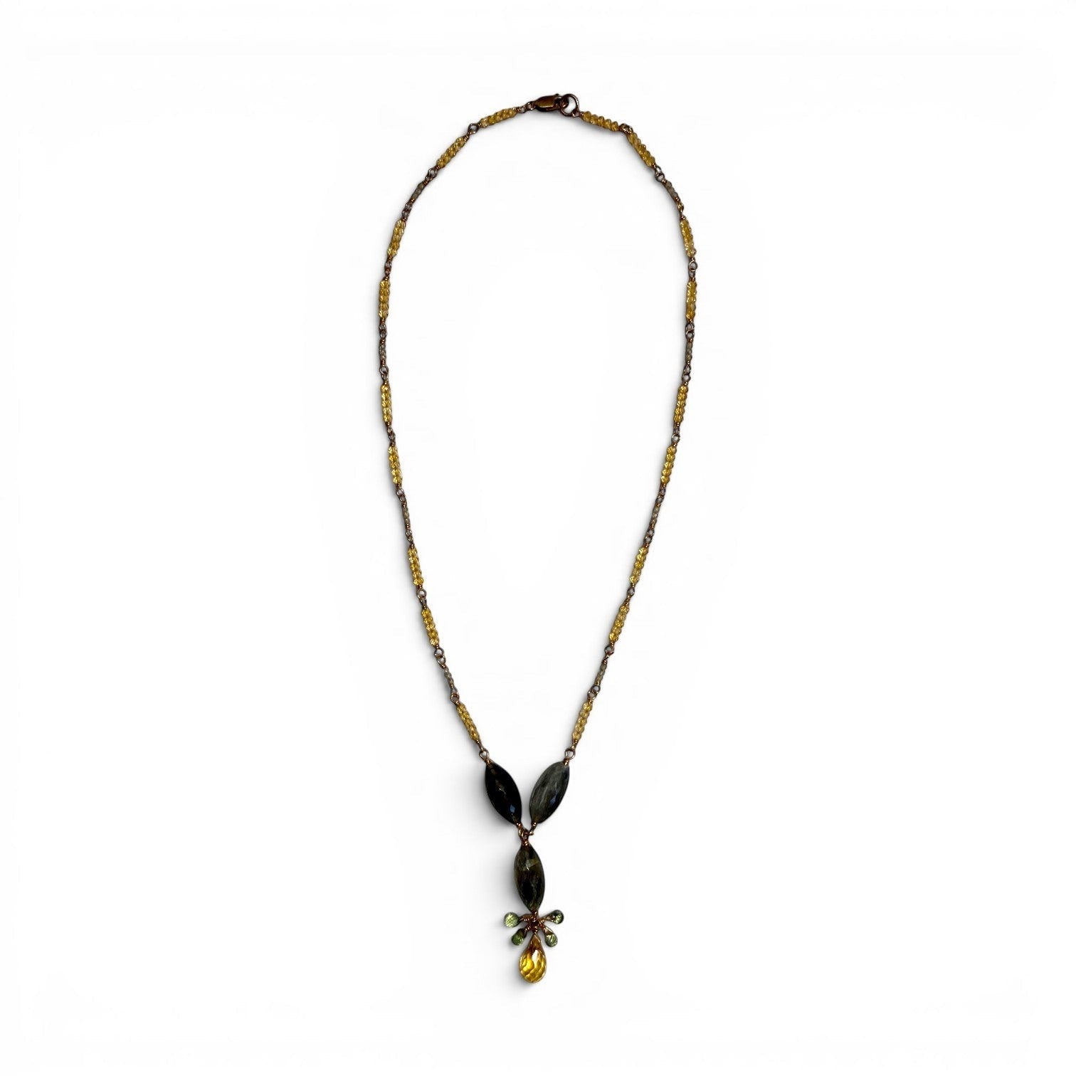 Trebor Style labradorite and citrine gemstone drop necklace on a gold-filled sterling silver chain with green sapphire.