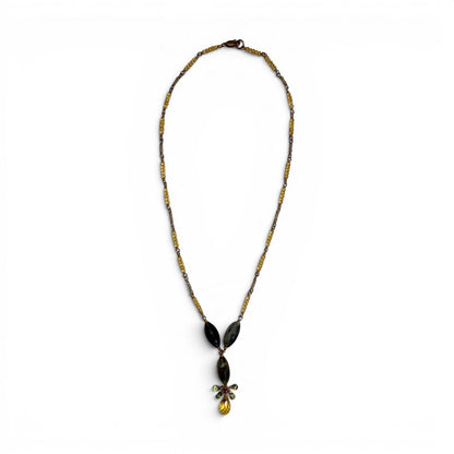 Trebor Style labradorite and citrine gemstone drop necklace on a gold-filled sterling silver chain with green sapphire.