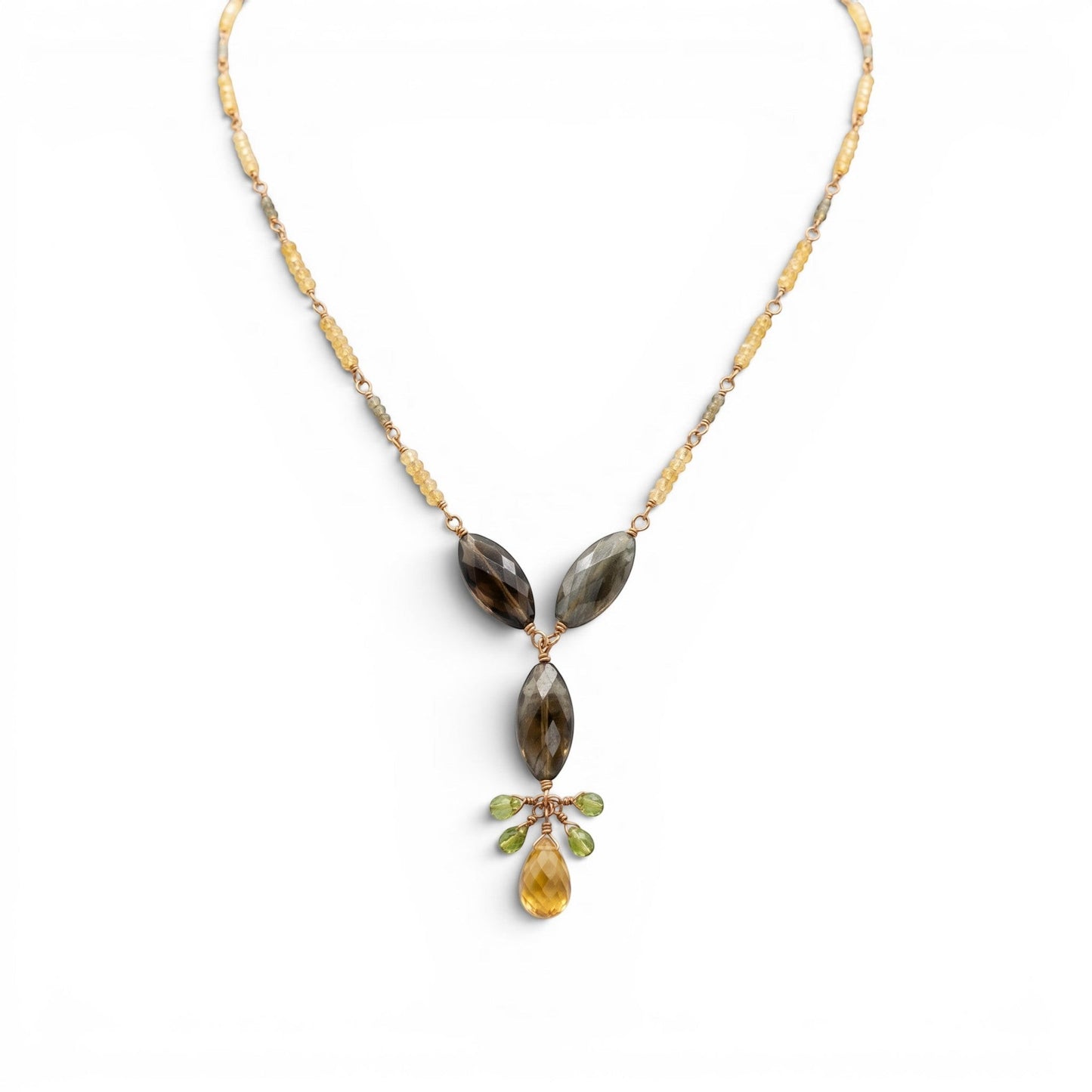 Trebor Style labradorite and citrine drop necklace with green sapphire accents on a gold-filled sterling silver chain.