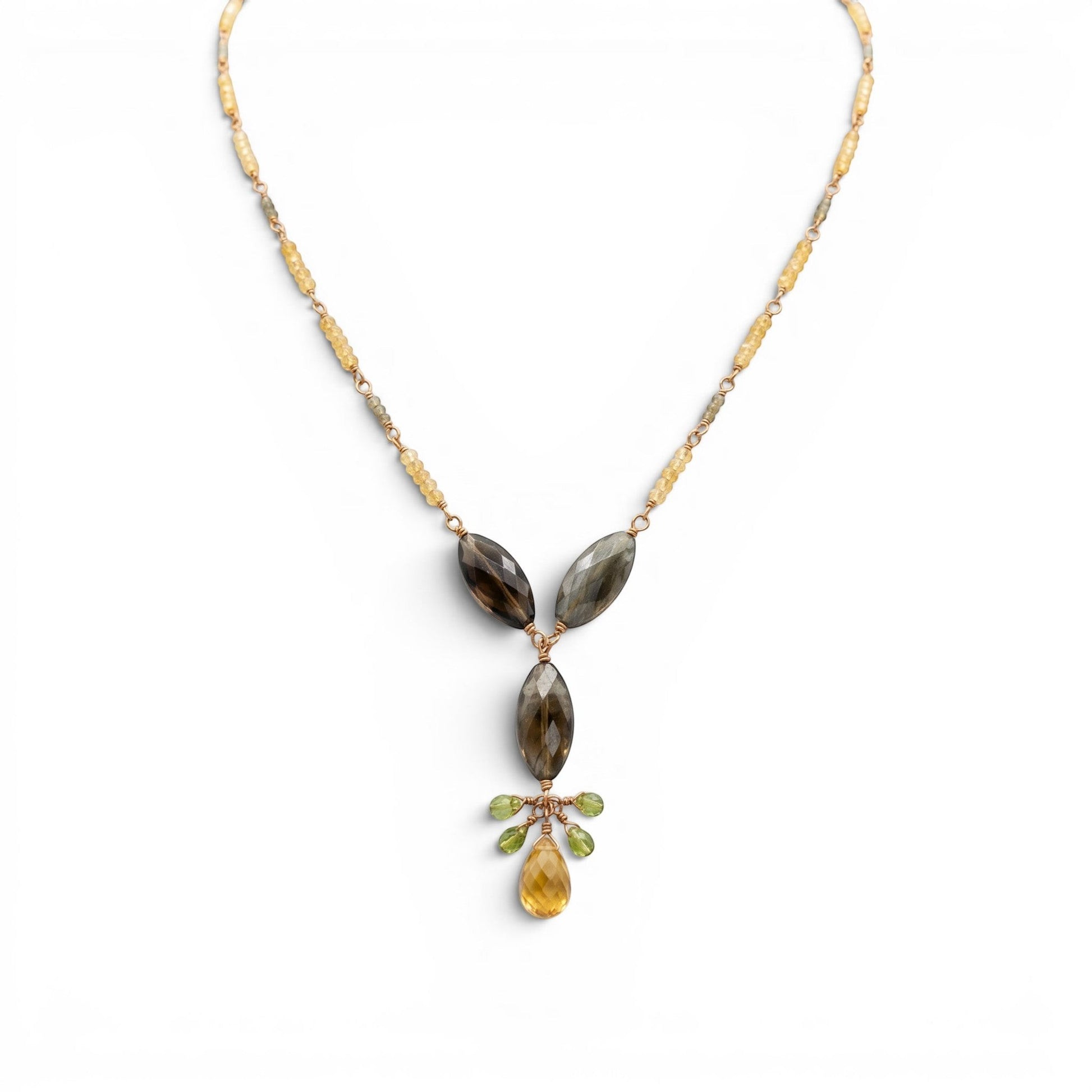 Trebor Style labradorite and citrine drop necklace with green sapphire accents on a gold-filled sterling silver chain.