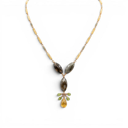 Trebor Style labradorite and citrine drop necklace with green sapphire accents on a gold-filled sterling silver chain.