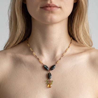 Trebor Style labradorite and citrine gemstone drop necklace on a gold-filled sterling silver chain.