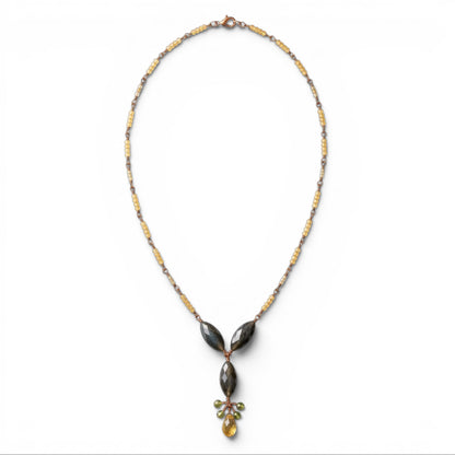 Trebor Style labradorite and citrine gemstone drop necklace with green sapphire accents on a gold-filled chain.