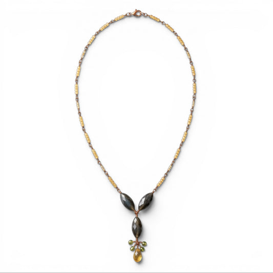 Trebor Style labradorite and citrine gemstone drop necklace with green sapphire accents on a gold-filled chain.