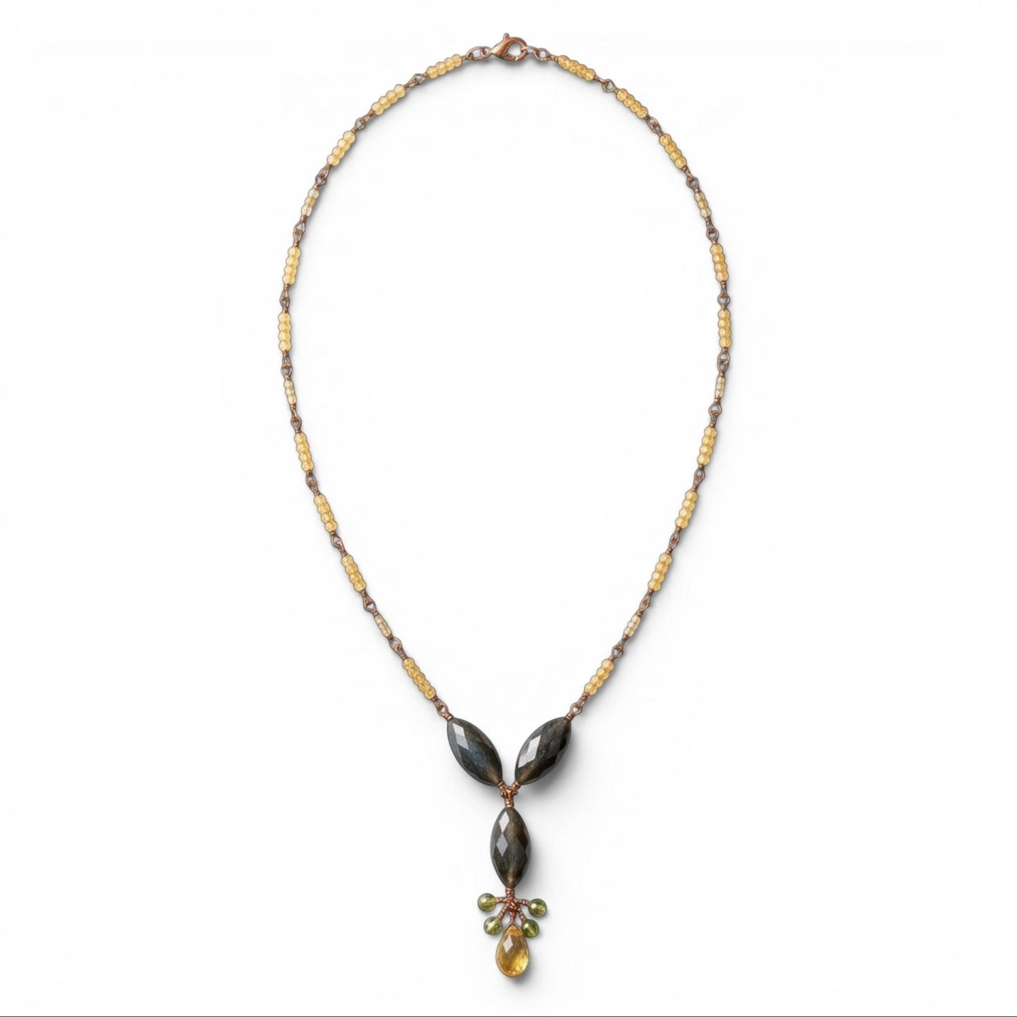 Trebor Style labradorite and citrine gemstone drop necklace with green sapphire accents on a gold-filled chain.