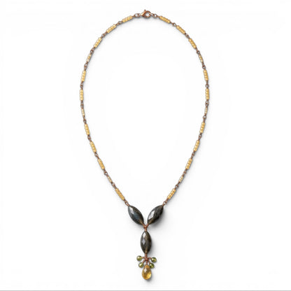 Trebor Style labradorite and citrine gemstone drop necklace with green sapphire accents on a gold-filled chain.