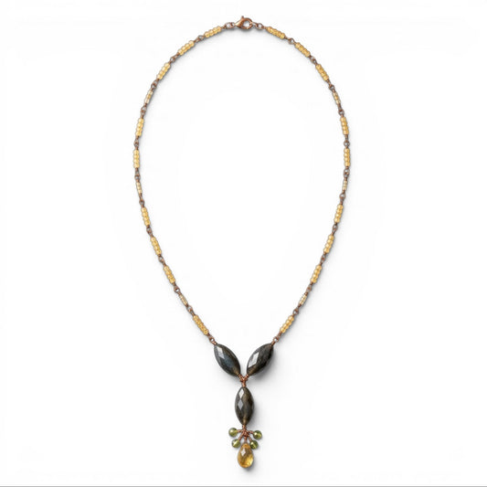 Trebor Style labradorite and citrine gemstone drop necklace with green sapphire accents on a gold-filled chain.