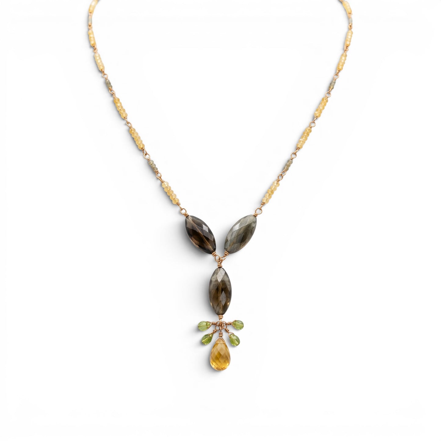 Trebor Style labradorite and citrine drop necklace with green sapphire accents on a gold-filled sterling silver chain.