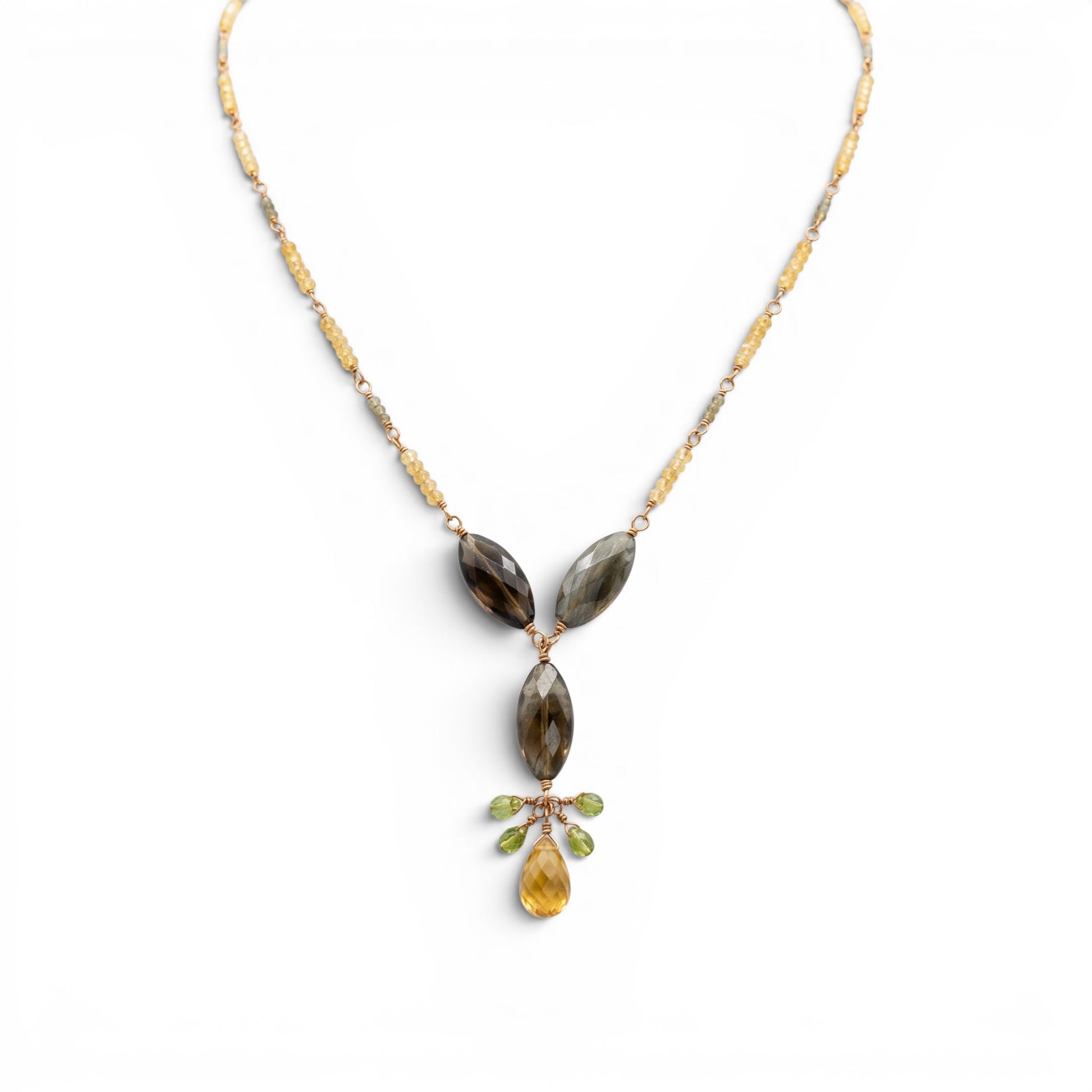 Trebor Style labradorite and citrine drop necklace with green sapphire accents on a gold-filled sterling silver chain.