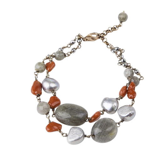 Trebor Style double strand sterling silver bracelet with labradorite, coral, grey freshwater pearls, and pyrite beads.