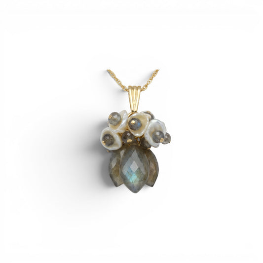 Trebor Style Labradorite and white Keshi pearl pendant necklace on a 17-inch gold filled wheat chain.