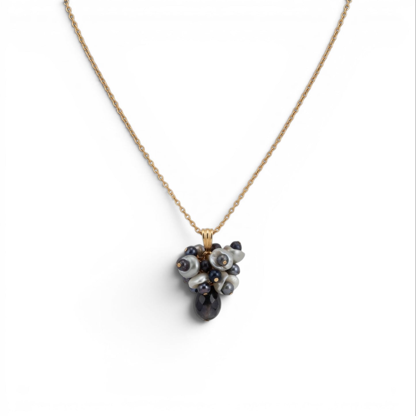 Trebor Style Labradorite and white Keshi pearl cluster pendant necklace on a 17-inch gold filled wheat chain.