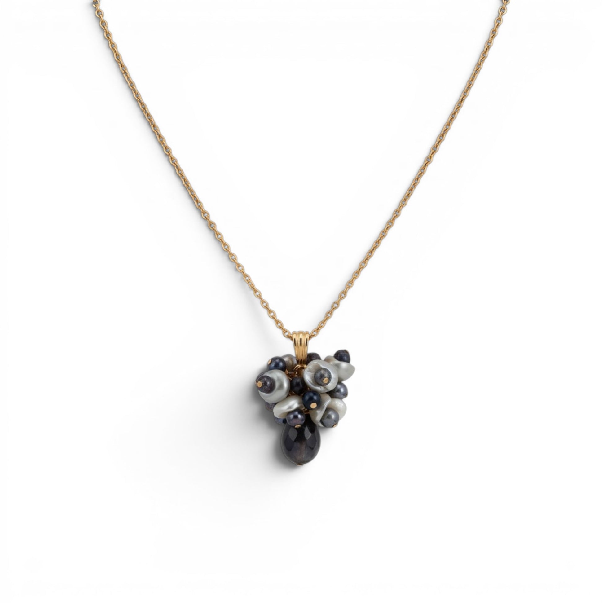 Trebor Style Labradorite and white Keshi pearl cluster pendant necklace on a 17-inch gold filled wheat chain.