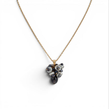 Trebor Style Labradorite and white Keshi pearl cluster pendant necklace on a 17-inch gold filled wheat chain.
