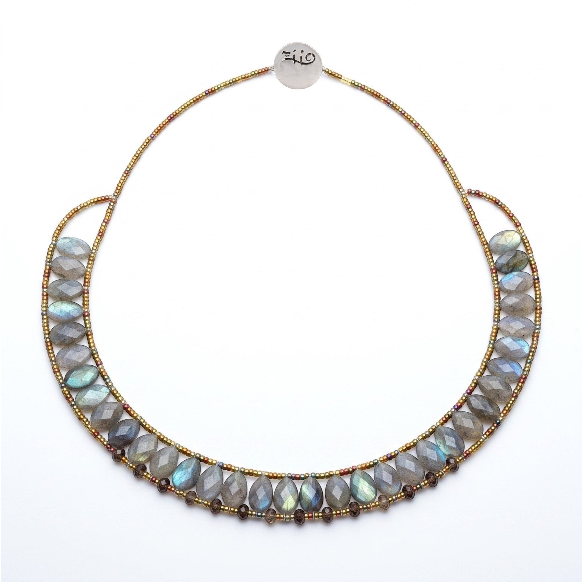 Trebor Style handcrafted labradorite statement necklace with faceted marquise gemstones and multi-layered beaded chain, hand crafted in Italy by Ziio