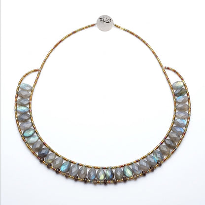 Trebor Style handcrafted labradorite statement necklace with faceted marquise gemstones and multi-layered beaded chain, hand crafted in Italy by Ziio