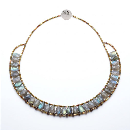 Trebor Style handcrafted labradorite statement necklace with faceted marquise gemstones and multi-layered beaded chain, hand crafted in Italy by Ziio