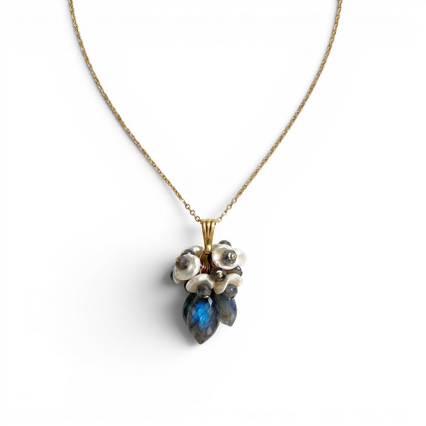 Trebor Style Labradorite and white Keshi pearl cluster pendant necklace on a gold filled wheat chain.
