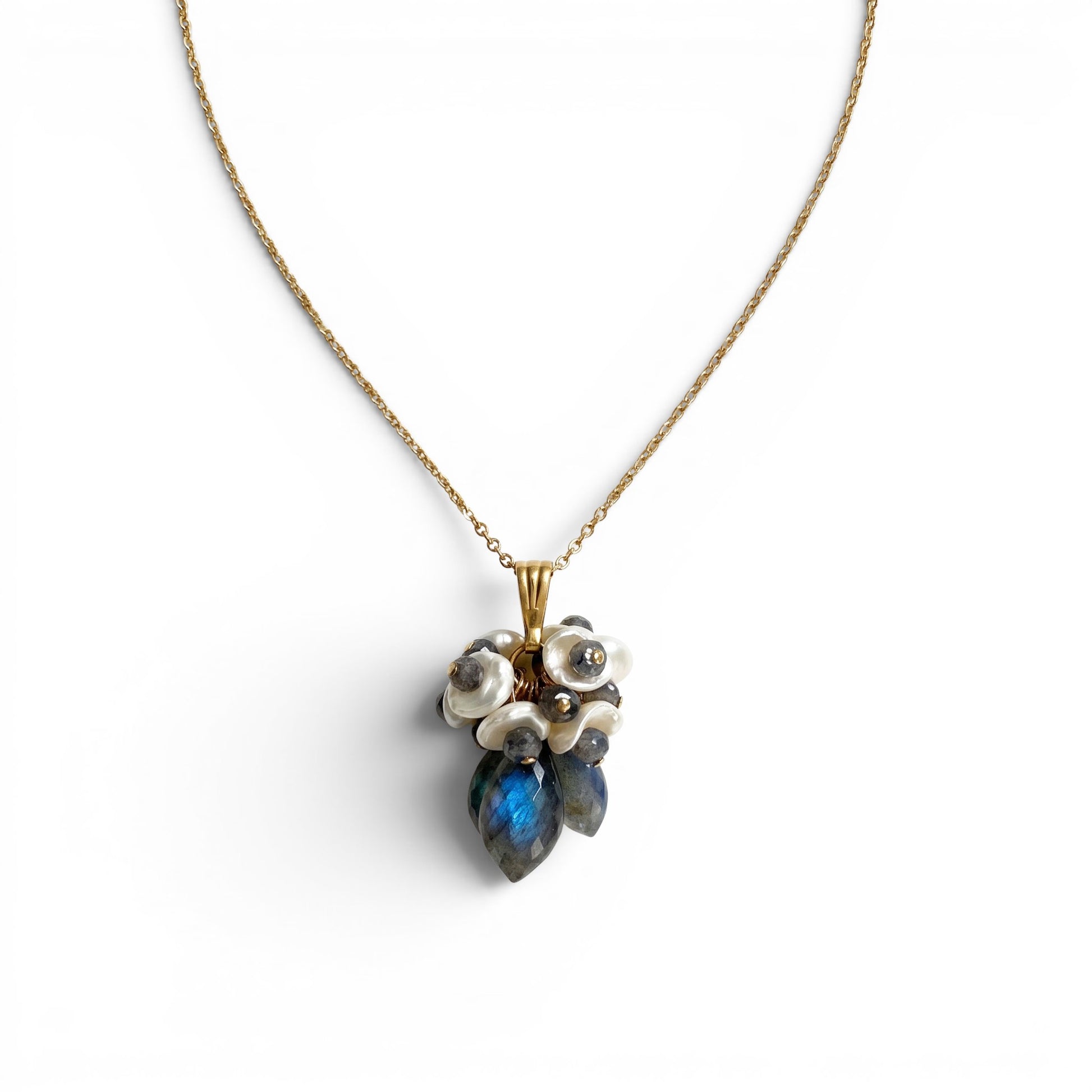 Trebor Style Labradorite and white Keshi pearl cluster pendant necklace on a gold filled wheat chain.
