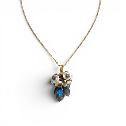 Trebor Style Labradorite and white Keshi pearl cluster pendant necklace on a gold filled wheat chain.