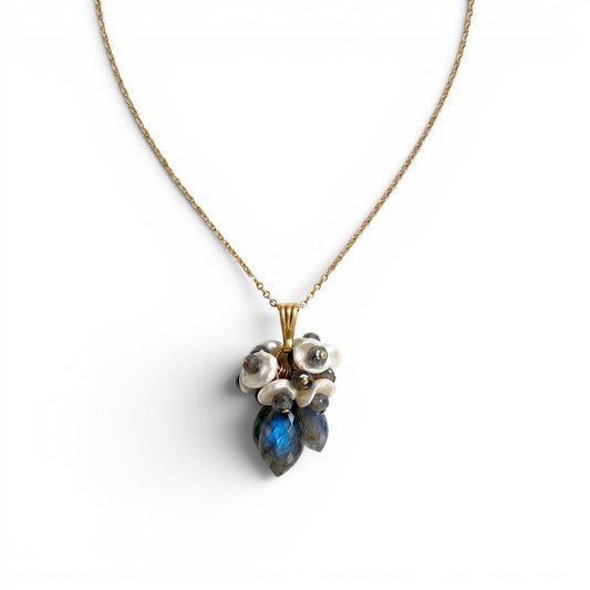 Trebor Style Labradorite and white Keshi pearl cluster pendant necklace on a gold filled wheat chain.