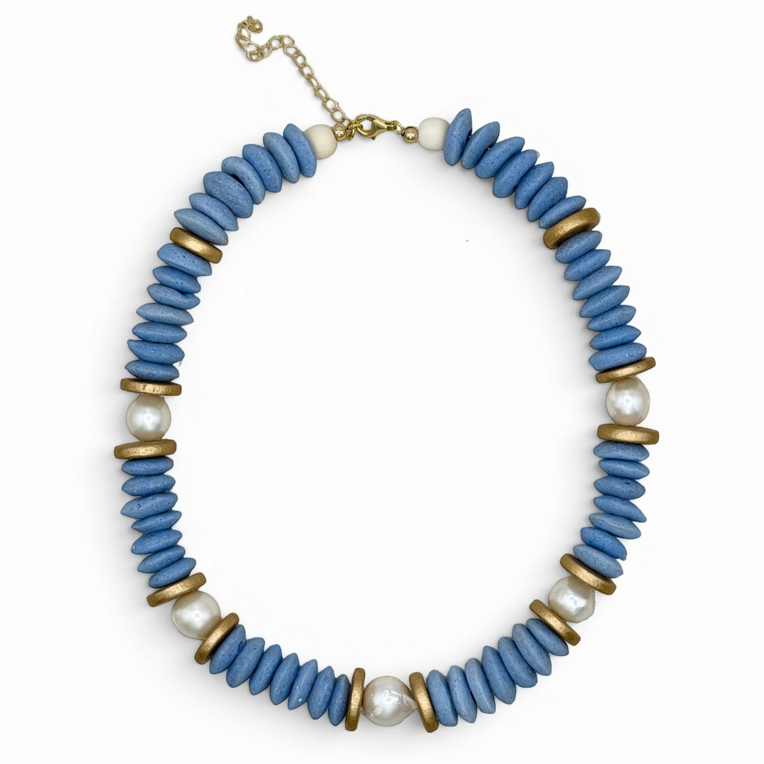 Trebor Style Lagos collar necklace featuring sky blue African glass beads, baroque pearls, and 18k gold filled accents.