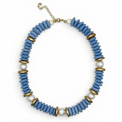 Trebor Style Lagos collar necklace featuring sky blue African glass beads, baroque pearls, and 18k gold filled accents.