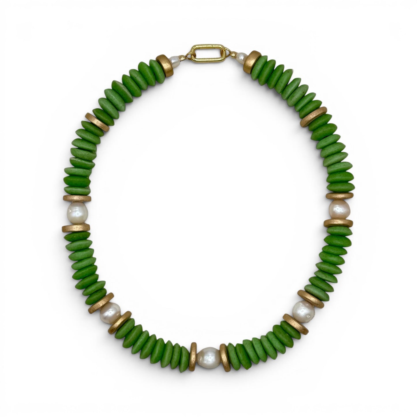 Trebor Style Lagos collar necklace featuring fern green African glass beads, baroque pearls, and 18k gold filled accents.