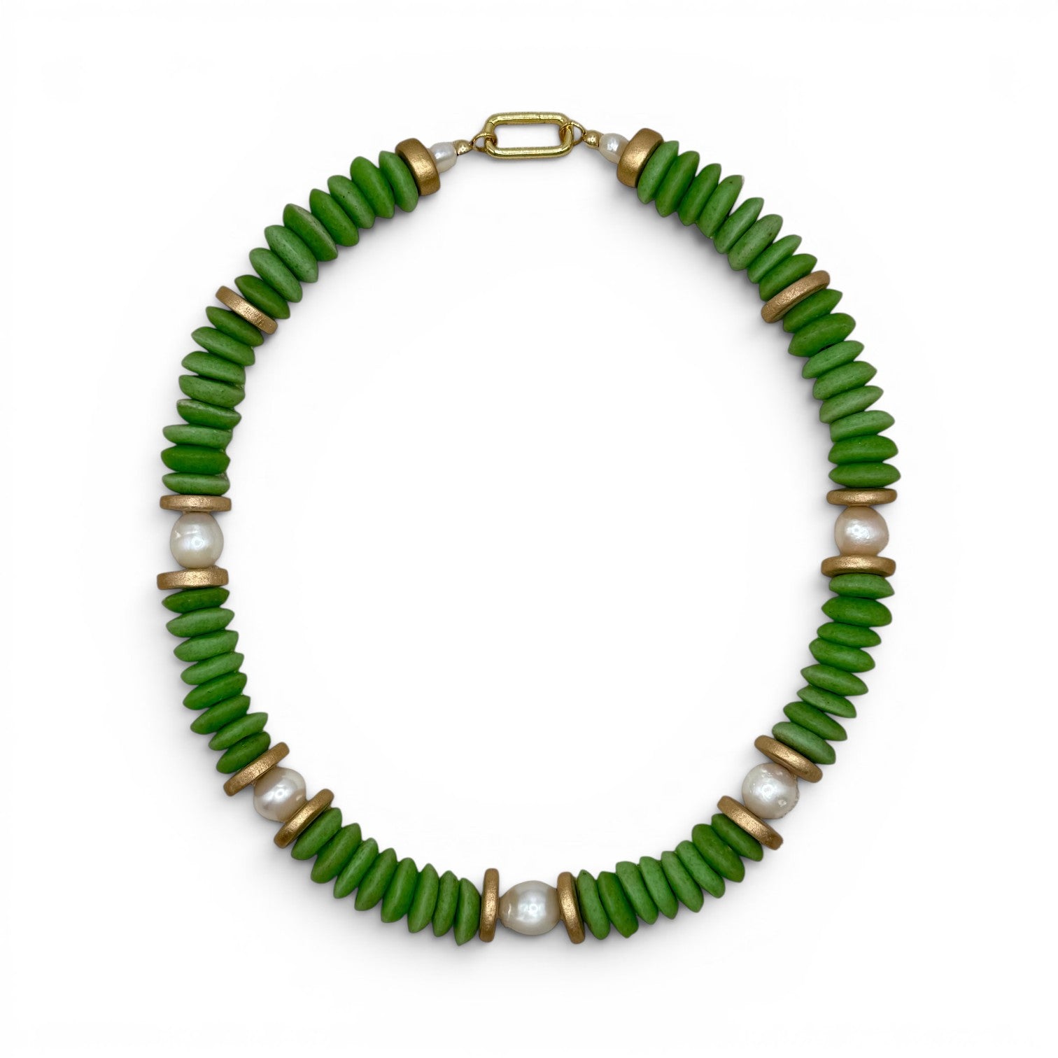 Trebor Style Lagos collar necklace featuring fern green African glass beads, baroque pearls, and 18k gold filled accents.