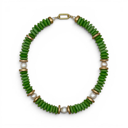 Trebor Style Lagos collar necklace featuring fern green African glass beads, baroque pearls, and 18k gold filled accents.