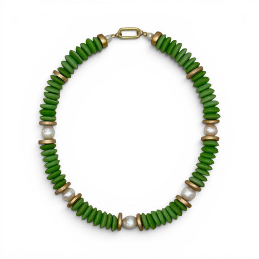 Trebor Style Lagos collar necklace featuring fern green African glass beads, baroque pearls, and 18k gold filled accents.