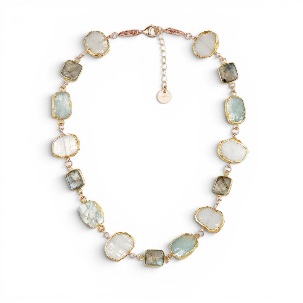 Trebor Style Lake Como necklace featuring bezel-set milky moonstone, labradorite, and aquamarine slices in gold-plated silver.