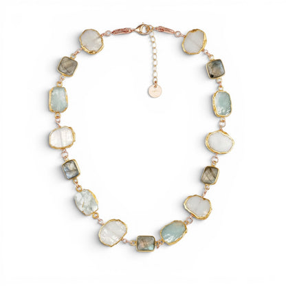 Trebor Style Lake Como necklace featuring bezel-set milky moonstone, labradorite, and aquamarine slices in gold-plated silver.