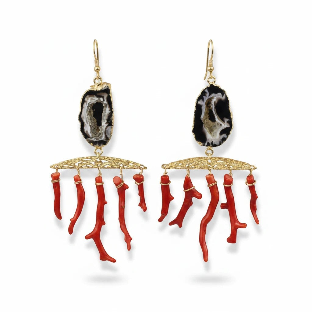 Trebor Style Lal Moonga earrings with agate geodes and red coral sticks, 22k gold detail, 14k gold filled ear wire.