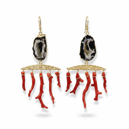 Trebor Style Lal Moonga earrings with agate geodes and red coral sticks, 22k gold detail, 14k gold filled ear wire.