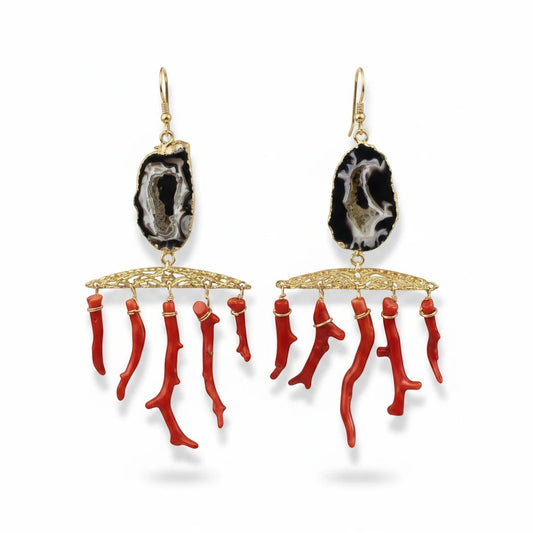 Trebor Style Lal Moonga earrings with agate geodes and red coral sticks, 22k gold detail, 14k gold filled ear wire.