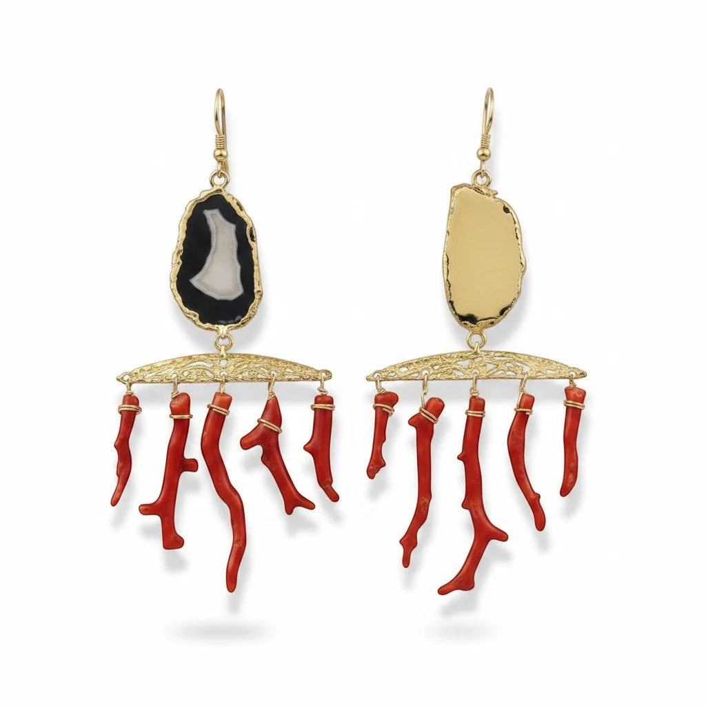 Trebor Style Lal Moonga Earrings with 22k gold detailed agate geodes and red coral sticks, 14k gold filled ear wire.
