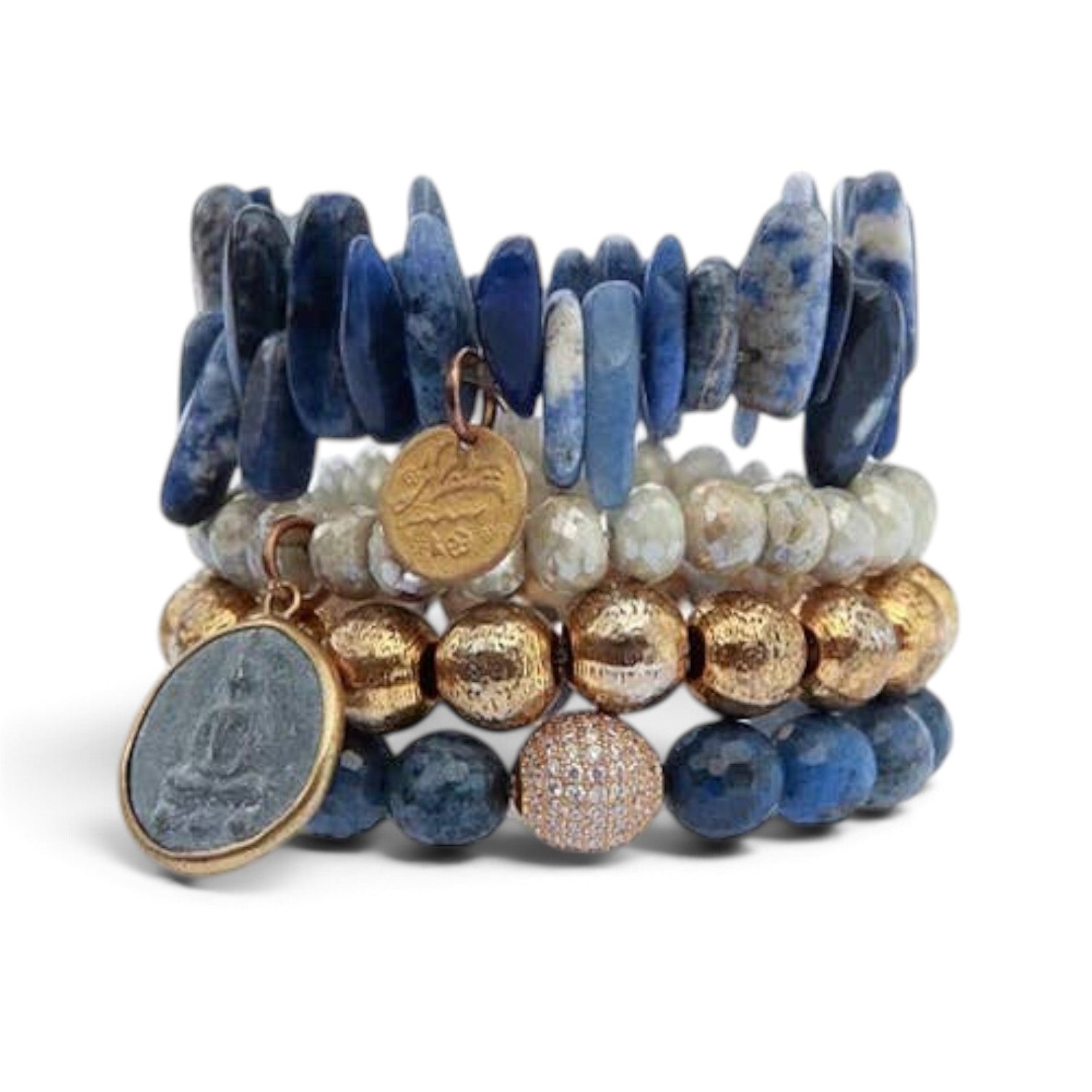 Trebor Style set of four stretch bracelets featuring blue lapis, grey agate, and gold beads with charm accents.