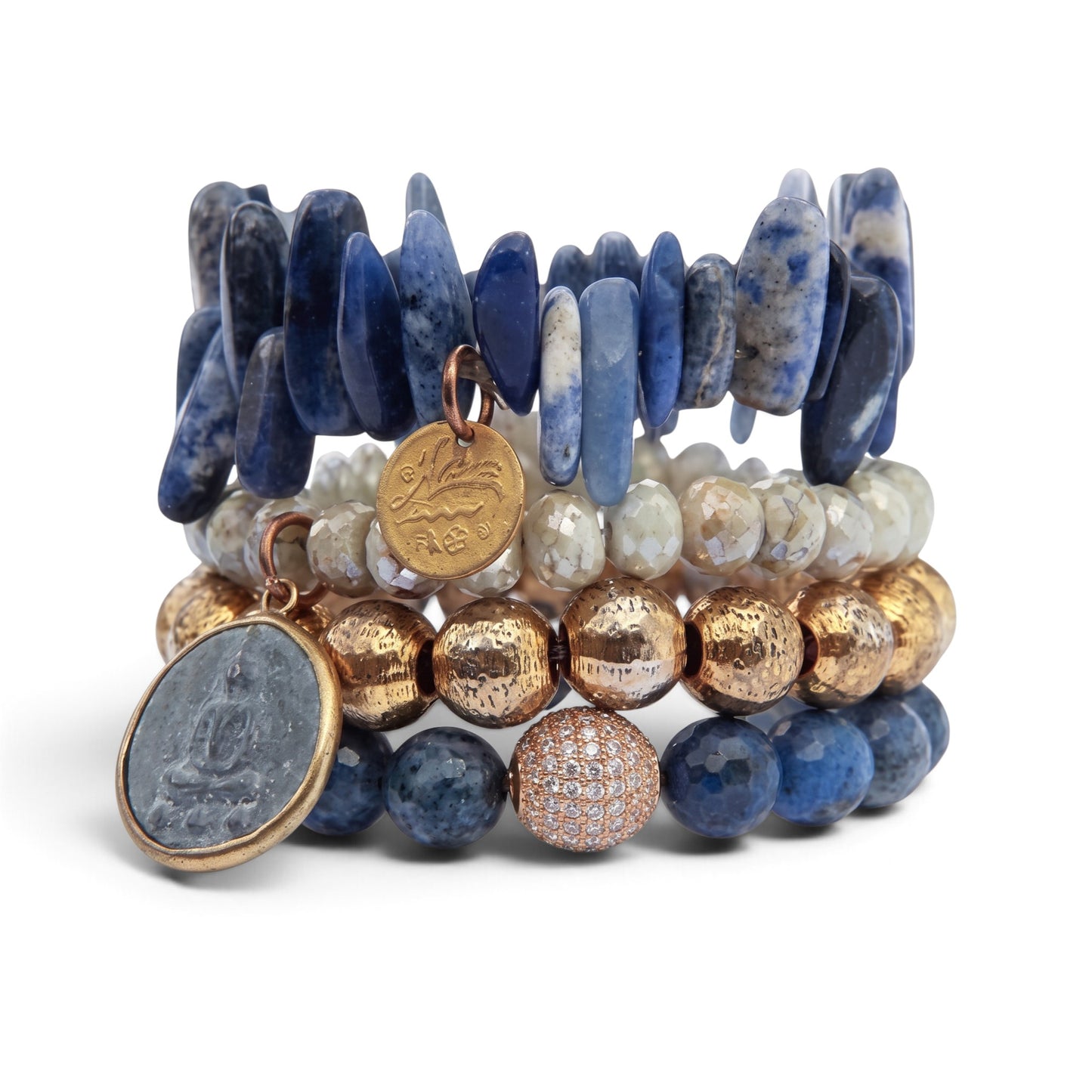 Trebor Style stackable bracelets featuring blue lapis, grey agate, and gold beads with decorative charms