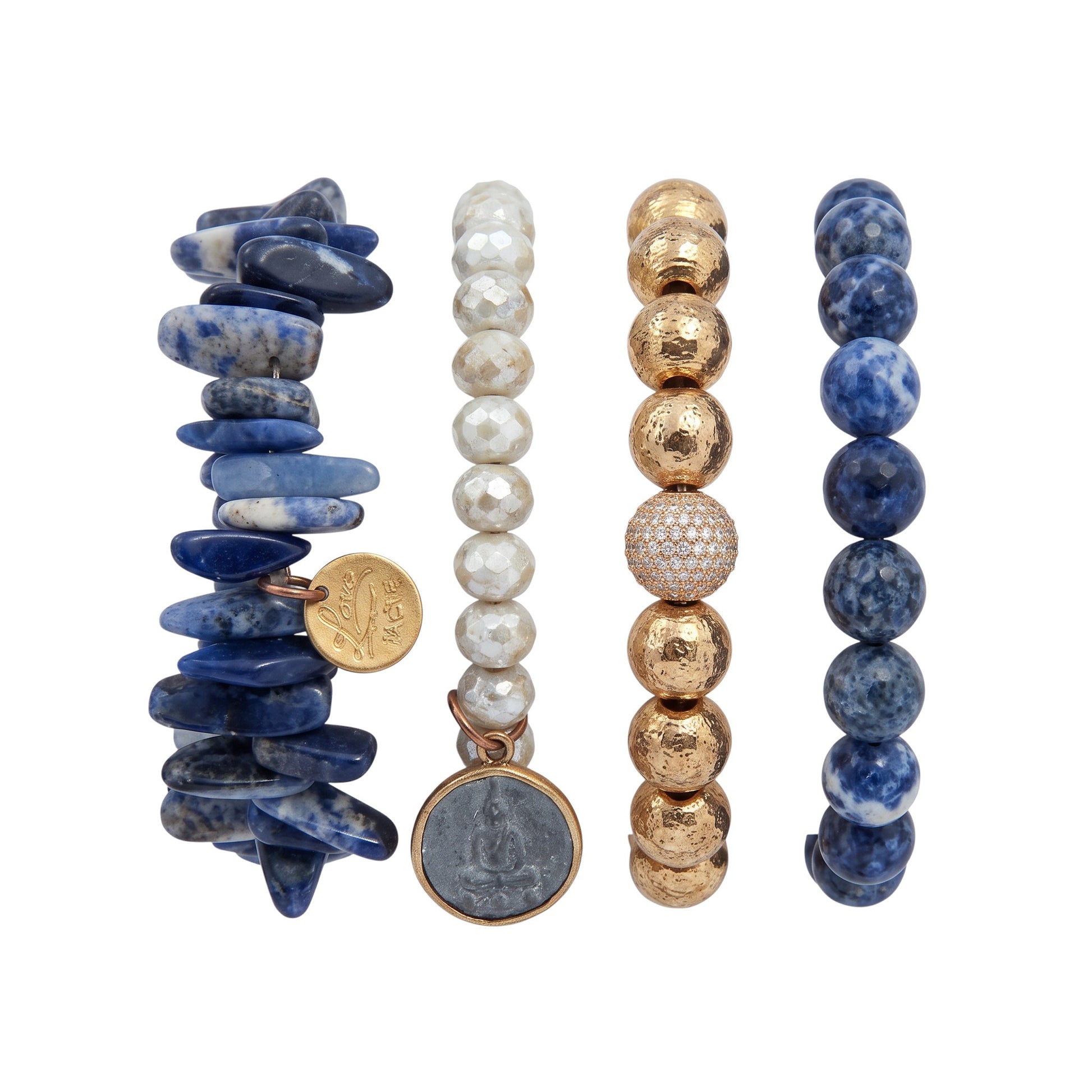 Trebor Style set of four stretch bracelets featuring blue lapis, grey agate, and textured gold beads with charms.