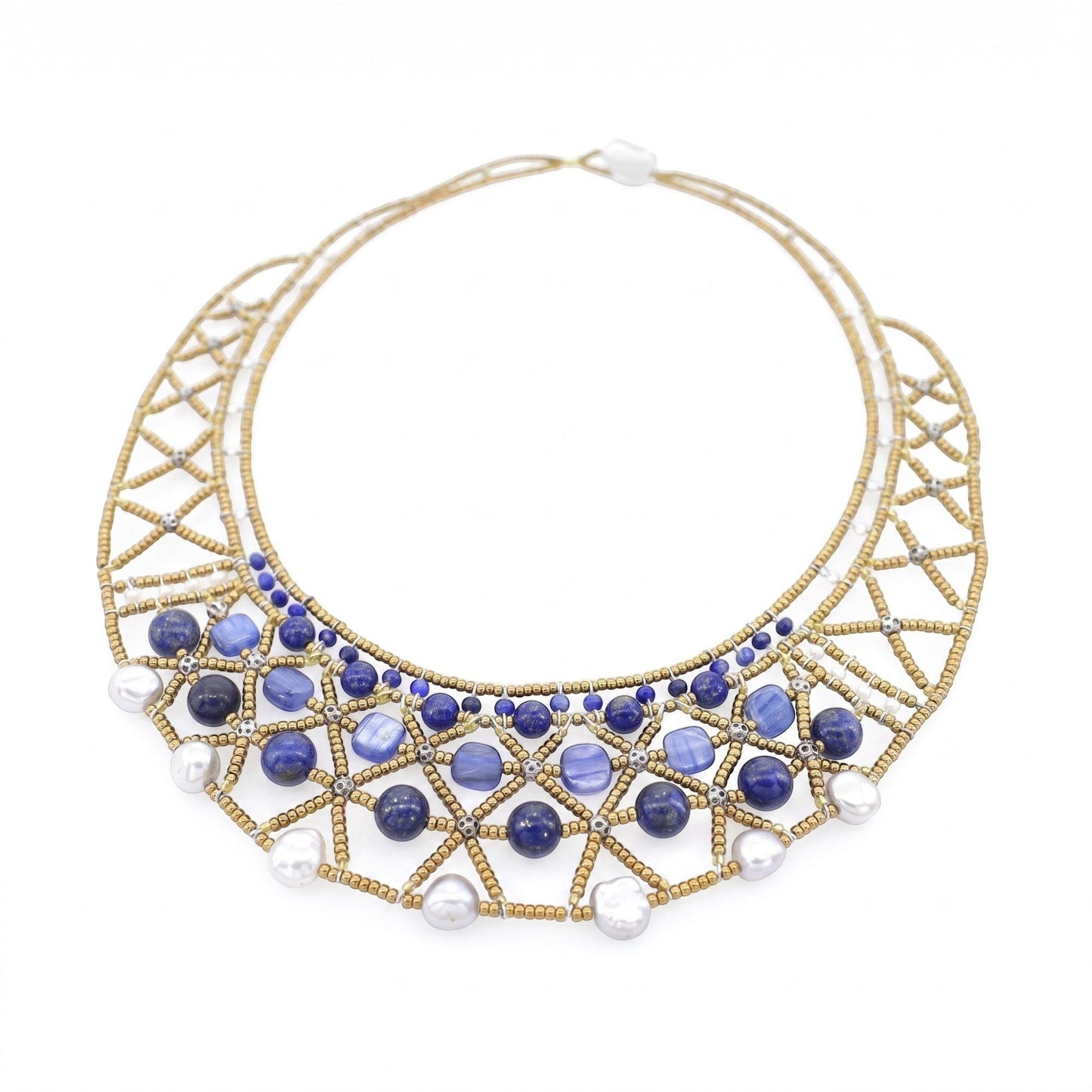 Trebor Style artisan collar necklace with gold seed beads, lapis lazuli, blue glass beads, and white pearls handmade in Italy by Ziio.