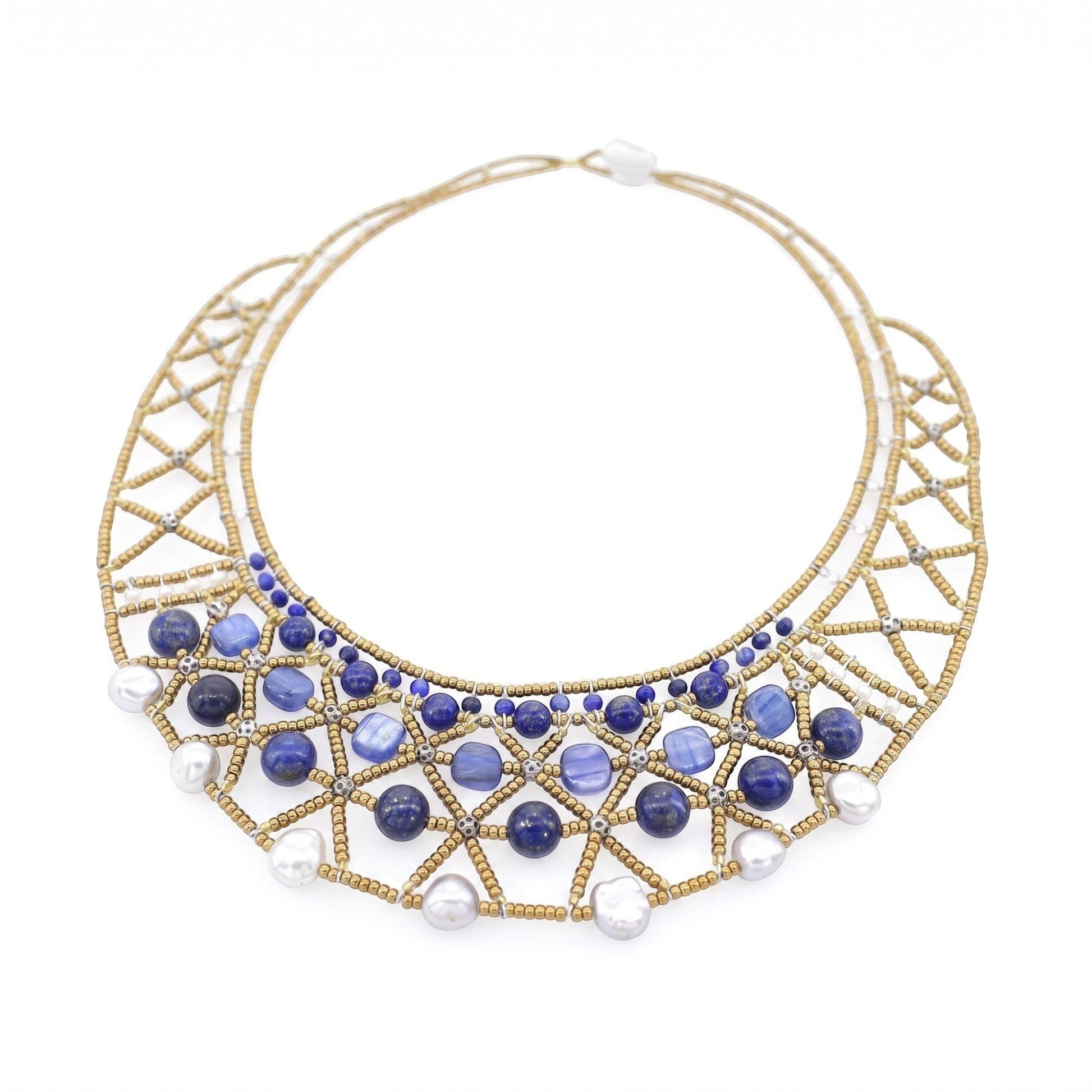 Trebor Style artisan collar necklace with gold seed beads, lapis lazuli, blue glass beads, and white pearls handmade in Italy by Ziio.